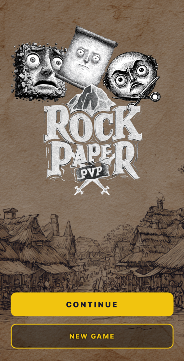 Rock Paper PvP gameplay screenshot showing the title screen with character faces